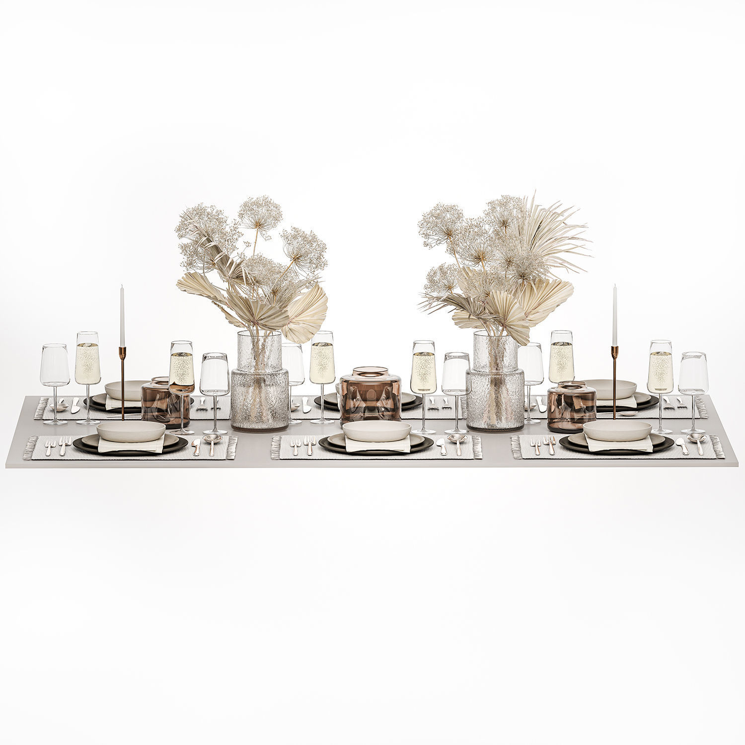 Table setting for 6 persons with a bouquet of dried flowers 3D model_1