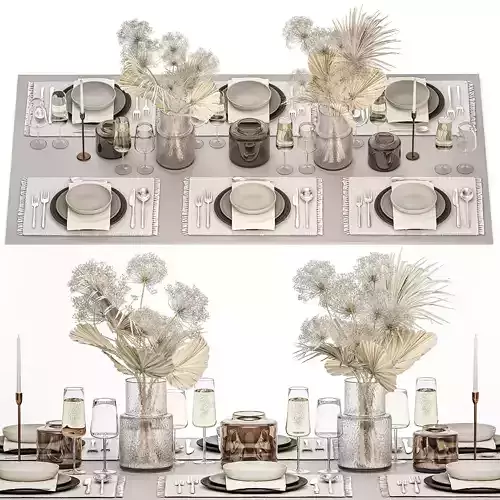 Table setting for 6 persons with a bouquet of dried flowers