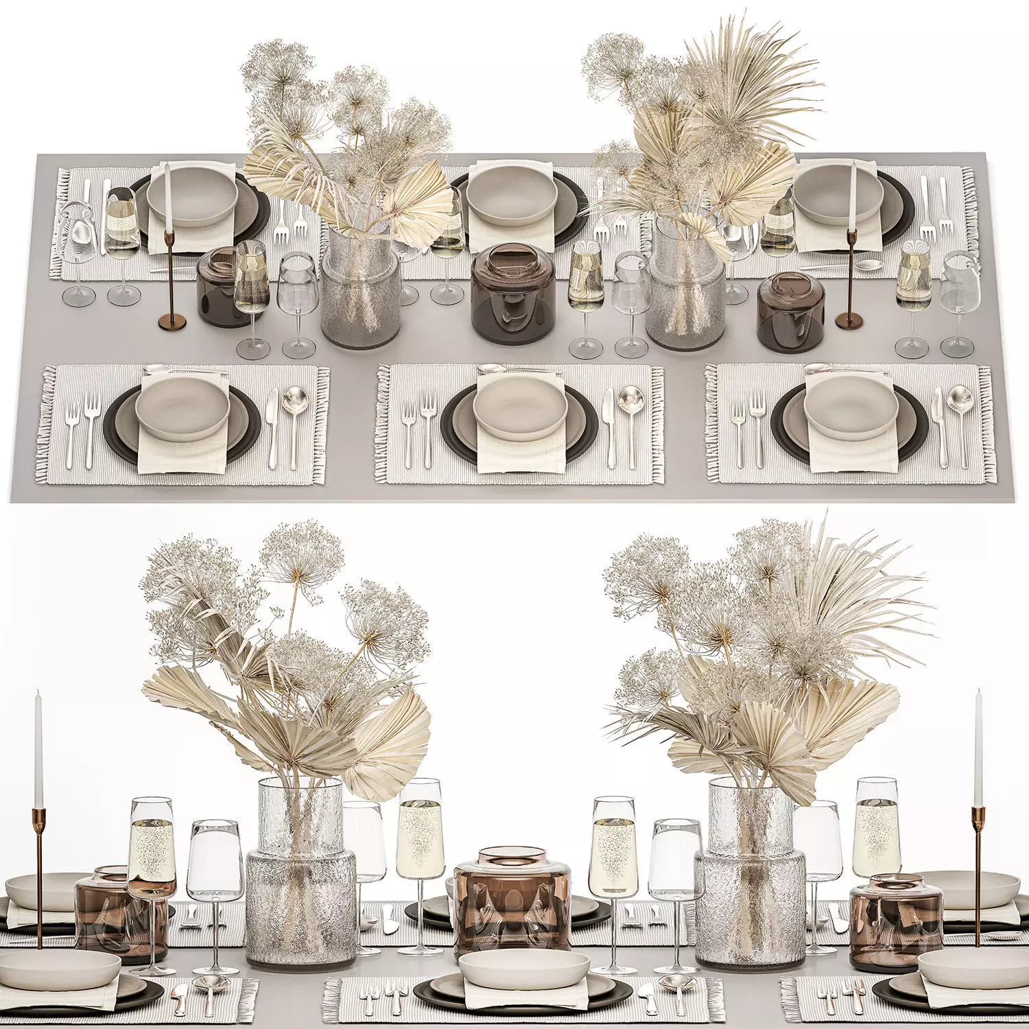 Table setting for 6 persons with a bouquet of dried flowers 3D model_0
