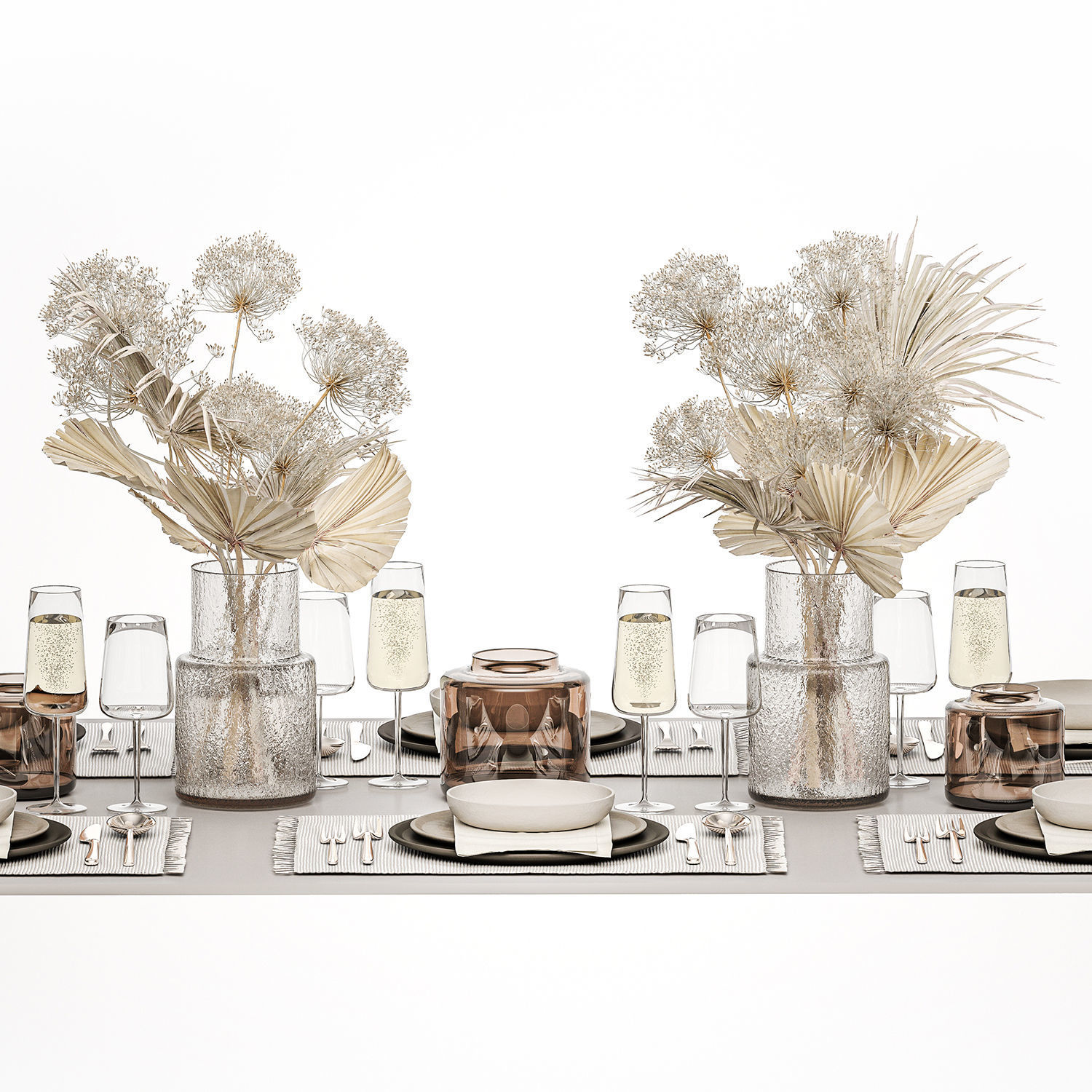 Table setting for 6 persons with a bouquet of dried flowers 3D model_2