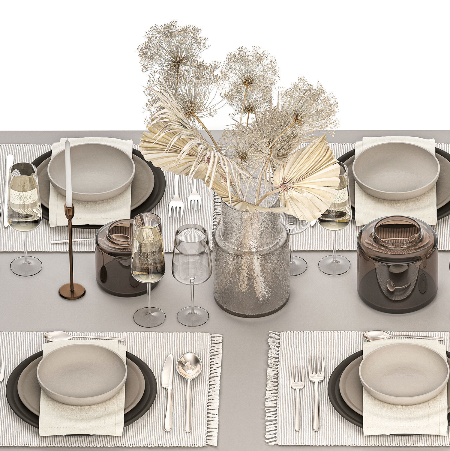 Table setting for 6 persons with a bouquet of dried flowers 3D model_3