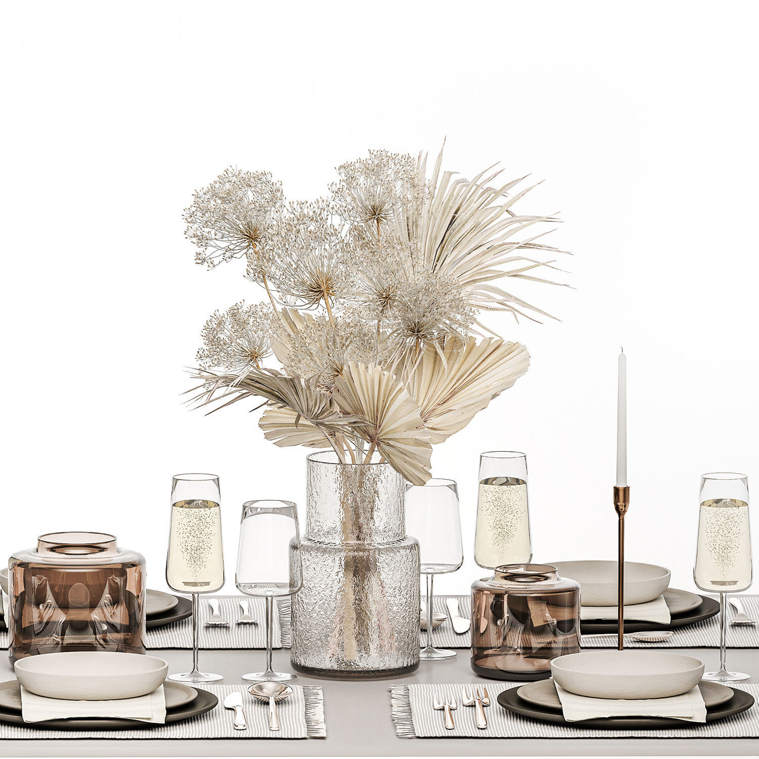 Table setting for 6 persons with a bouquet of dried flowers 3D model_4
