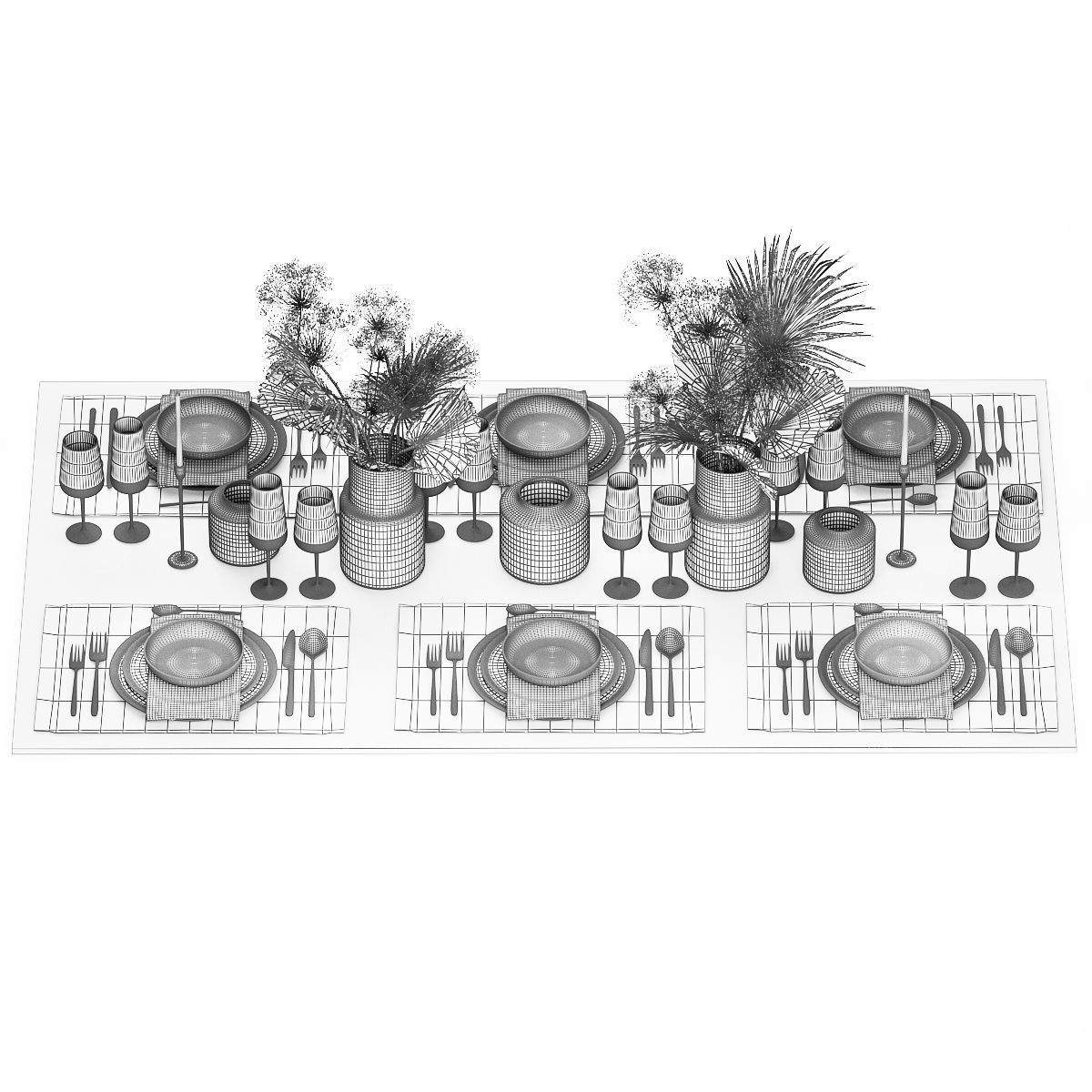 Table setting for 6 persons with a bouquet of dried flowers 3D model_7