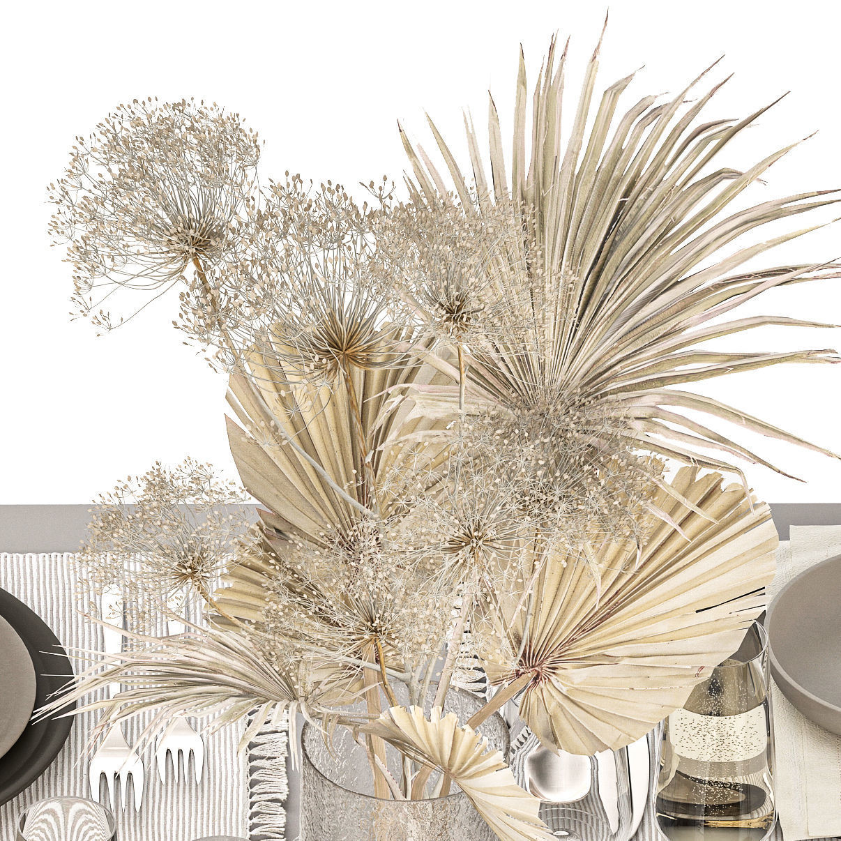 Table setting for 6 persons with a bouquet of dried flowers 3D model_6