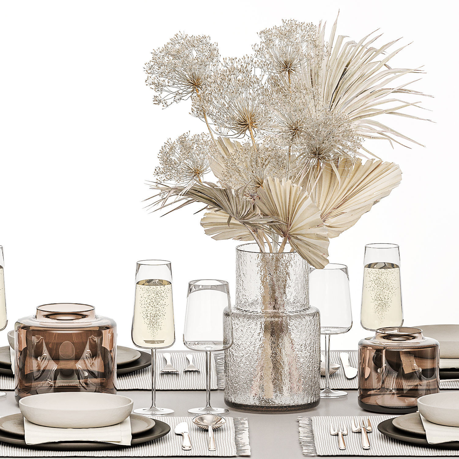 Table setting for 6 persons with a bouquet of dried flowers 3D model_5