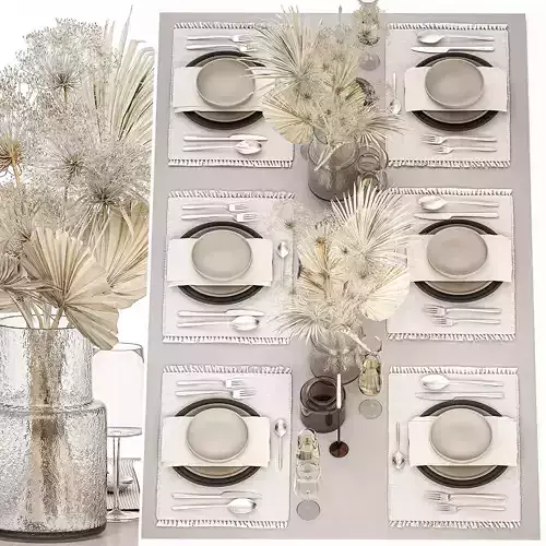 Table setting for 6 persons with a bouquet of dried flowers