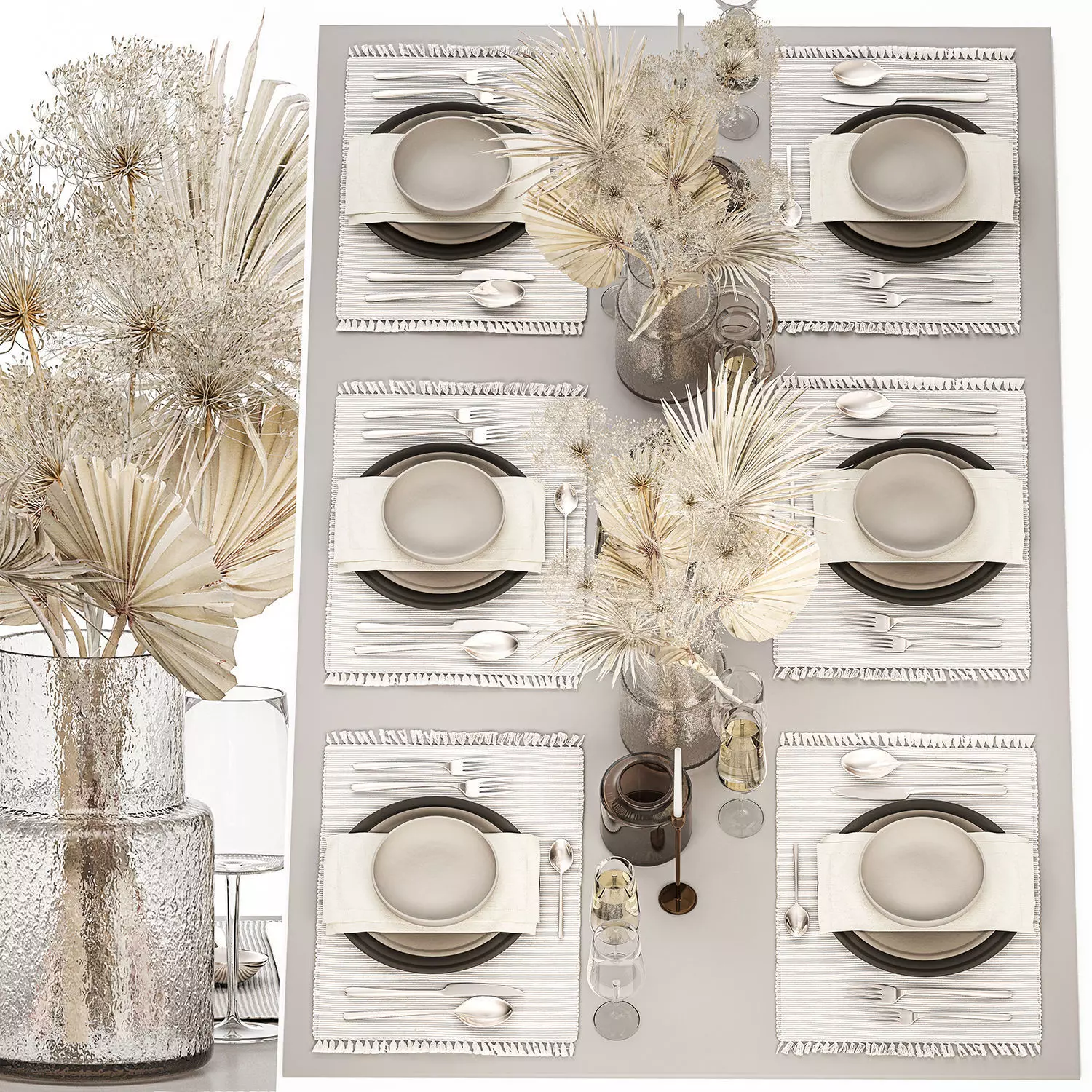 Table setting for 6 persons with a bouquet of dried flowers 3D model