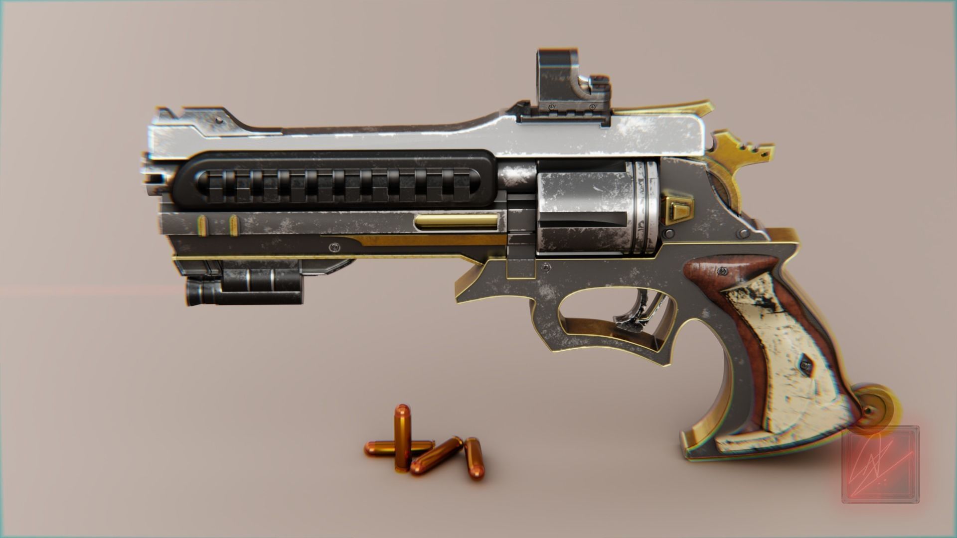 vintage stylized revolver low poly Low-poly 3D model_1