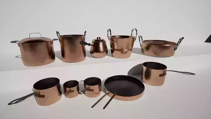 vintage copper pots and pans Low-poly 3D model