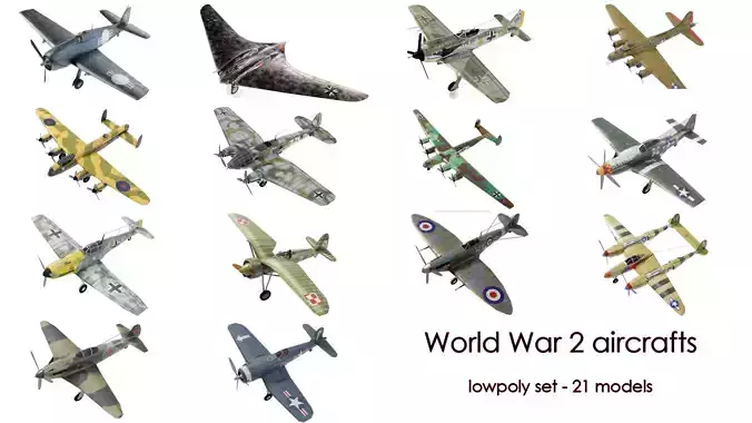 World War 2 aircraft set - 21 planes 3D Model Collection
