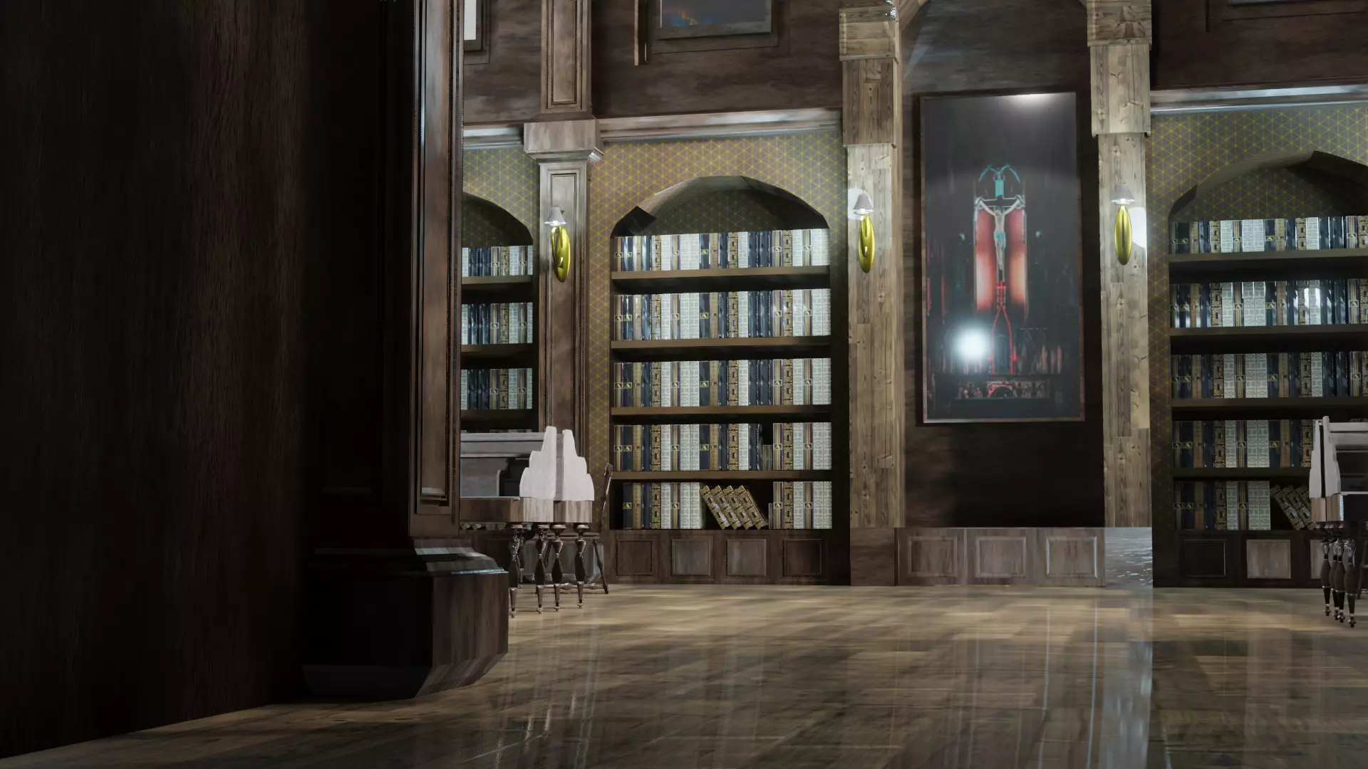 old style library interior Low-poly 3D model_0