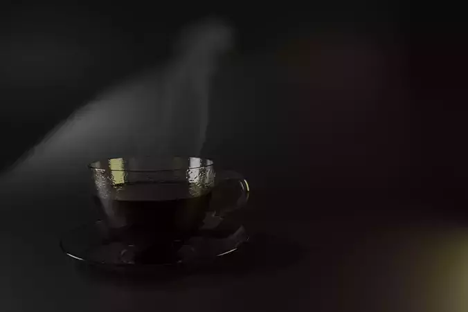 3d model of glass cup of hot black steamed coffee on saucer