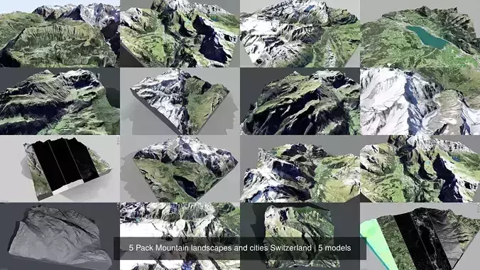 5 Pack Mountain landscapes and cities Switzerland 3D Model Collection