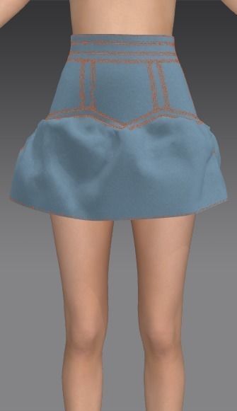 DENIM COLOR BLUE STITCH COLOR ORANGE  DART RUFFLED SKIRT 3D model_1