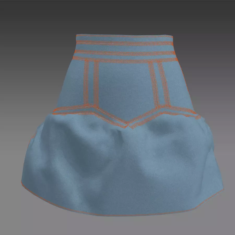 DENIM COLOR BLUE STITCH COLOR ORANGE  DART RUFFLED SKIRT 3D model_0