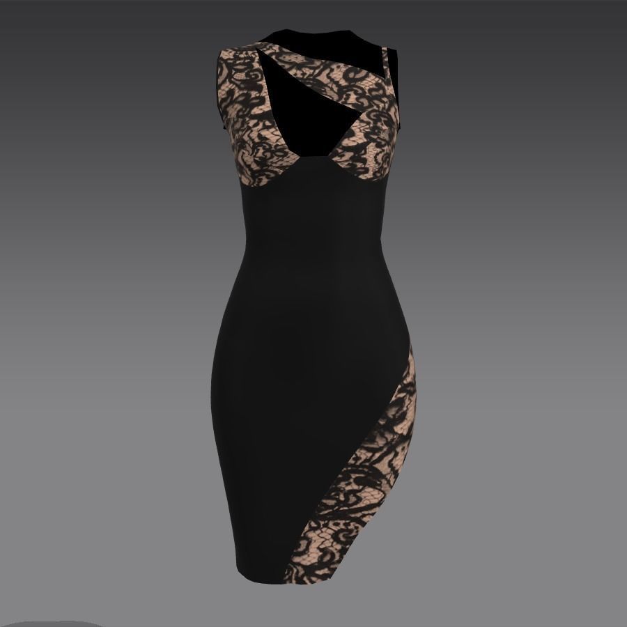 DRESS ASYMERTRIC SKIRT COLOR BLACK LACE DETAIL LOOK MODERN 3D model_1