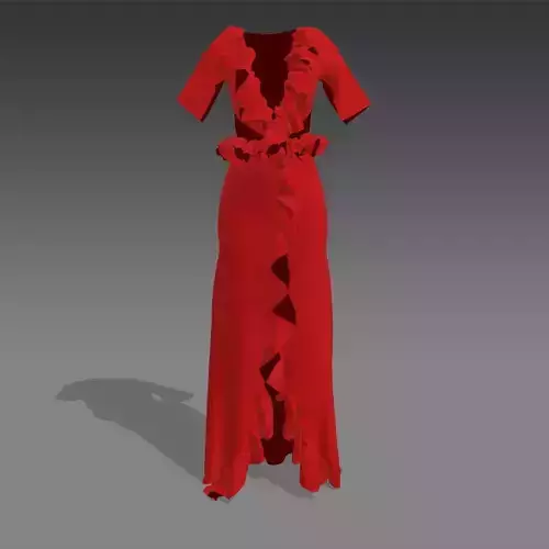 DRESS COLOR RED MATTE LOOK COTTON FABRIC RUFFLED 