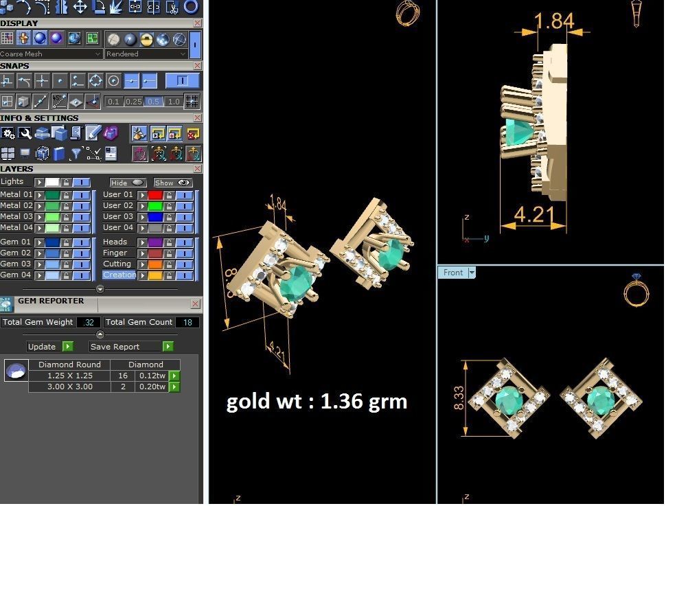 Earring emerald and diamond stud earrings gold 3D print model_6