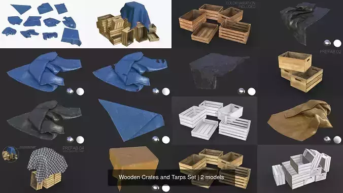 Wooden Crates and Tarps Set 3D Model Collection