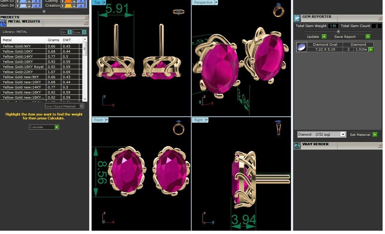 Women Oval Stone Earring 3dm stl fbx obj Render Details 3D print model_7