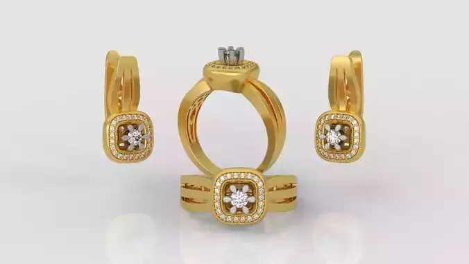 Ring and Earrings Diamond jewelry set 3d print model A 01