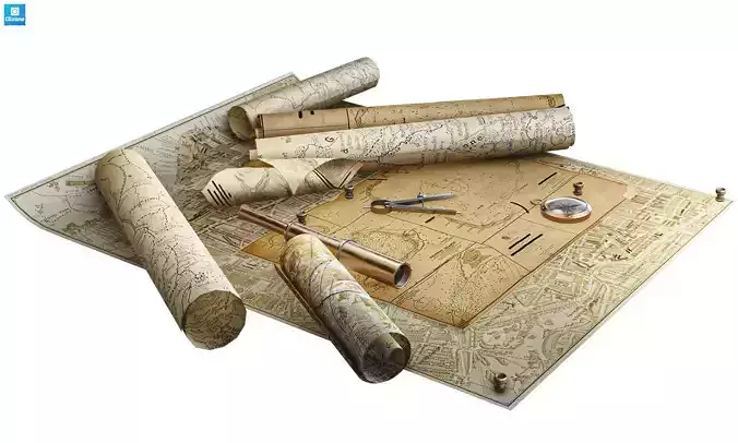 Vintage Map  with Tools  Pack   Low-poly 3D model