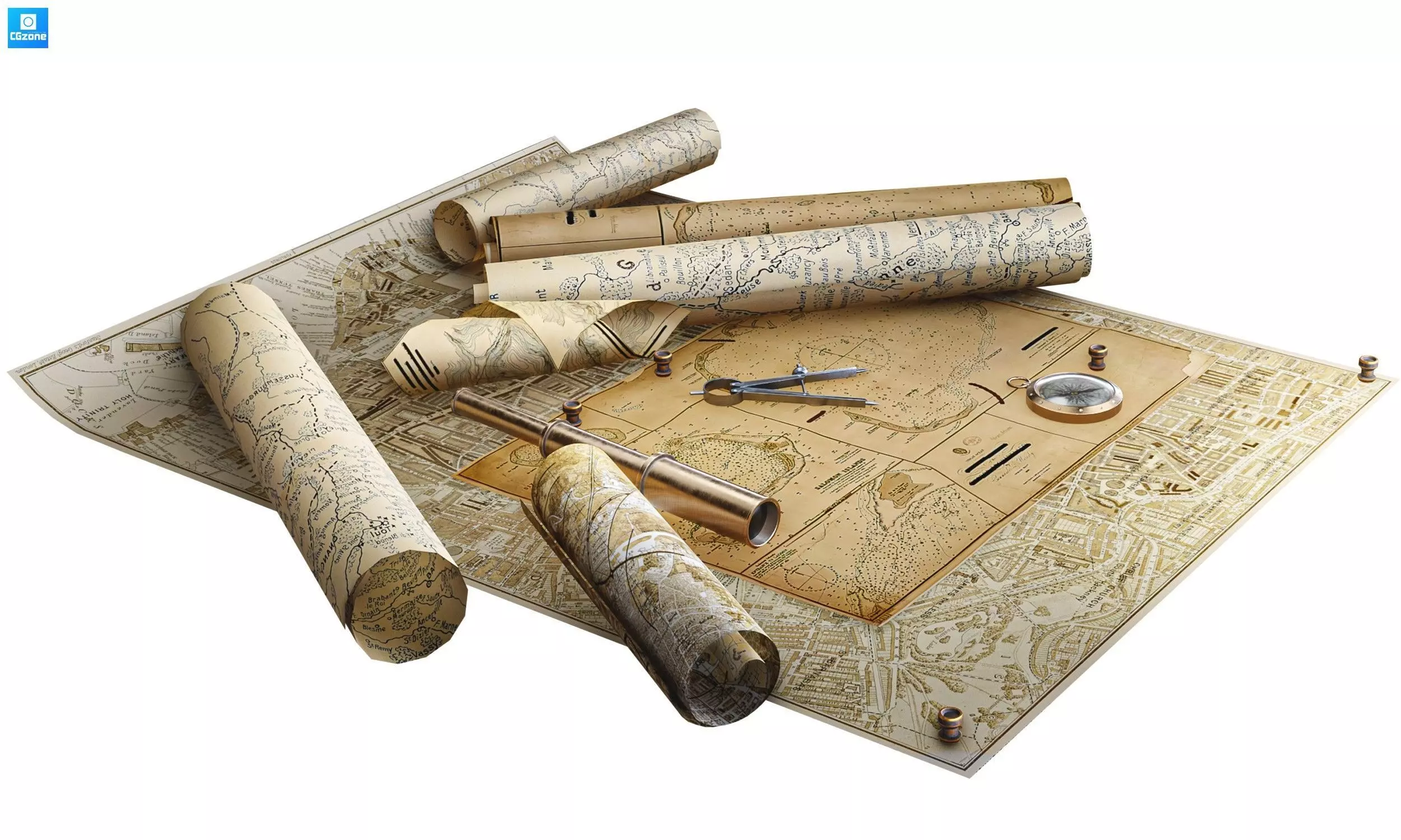 Vintage Map with Tools Pack Low-poly 3D model