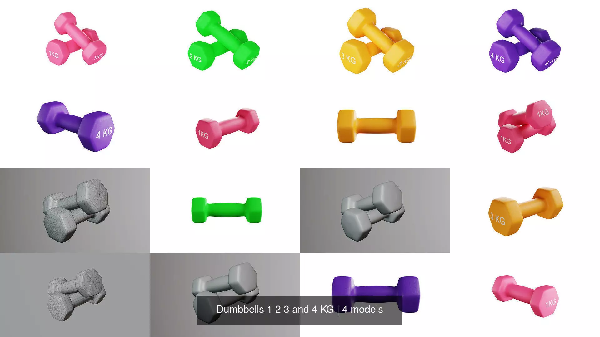 Dumbbells 1 2 3 and 4 KG 3D Model Collection_1