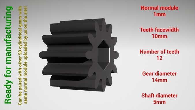 Cylindrical gear - paired - z12 m1 D14 d5 3D print model