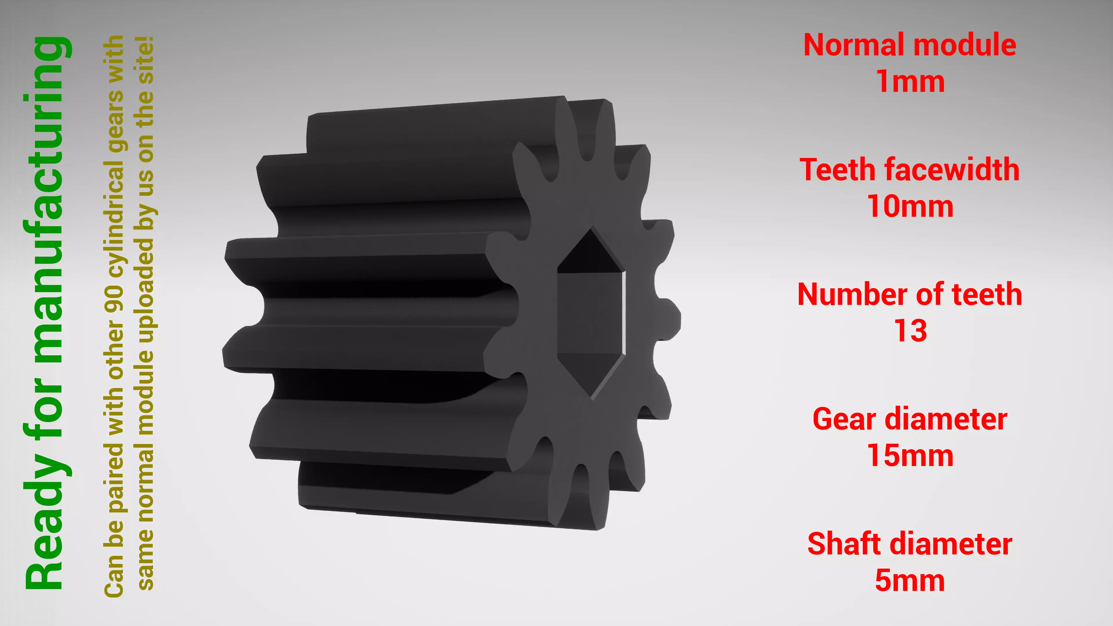 Cylindrical gear - paired - z13 m1 D15 d5 3D print model_0
