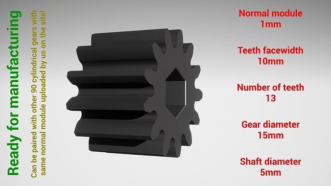 Cylindrical gear - paired - z13 m1 D15 d5 3D print model