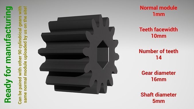 Cylindrical gear - paired - z14 m1 D16 d5 3D print model