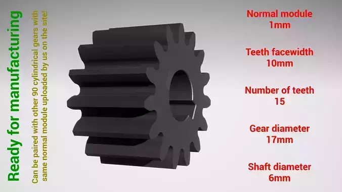 Cylindrical gear - paired - z15 m1 D17 d6 3D print model