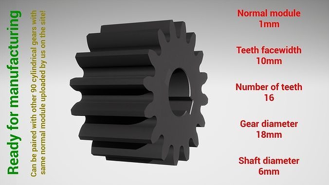 Cylindrical gear - paired - z16 m1 D18 d6 3D print model