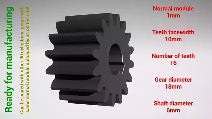 Cylindrical gear - paired - z16 m1 D18 d6 3D print model