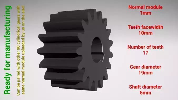Cylindrical gear - paired - z17 m1 D19 d6 3D print model