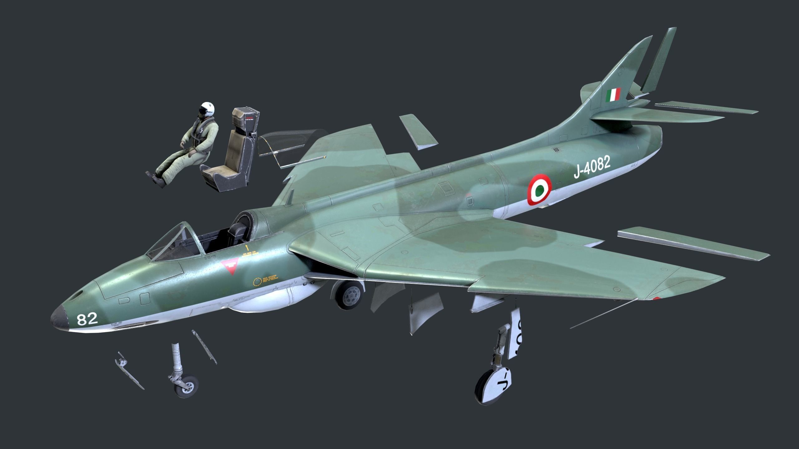 Lowpoly Hawker Hunter MK56 jet with Pilot Low-poly 3D model_9