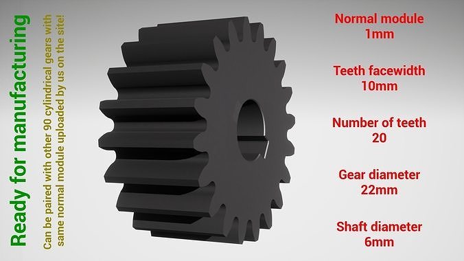 Cylindrical gear - paired - z20 m1 D22 d6 3D print model