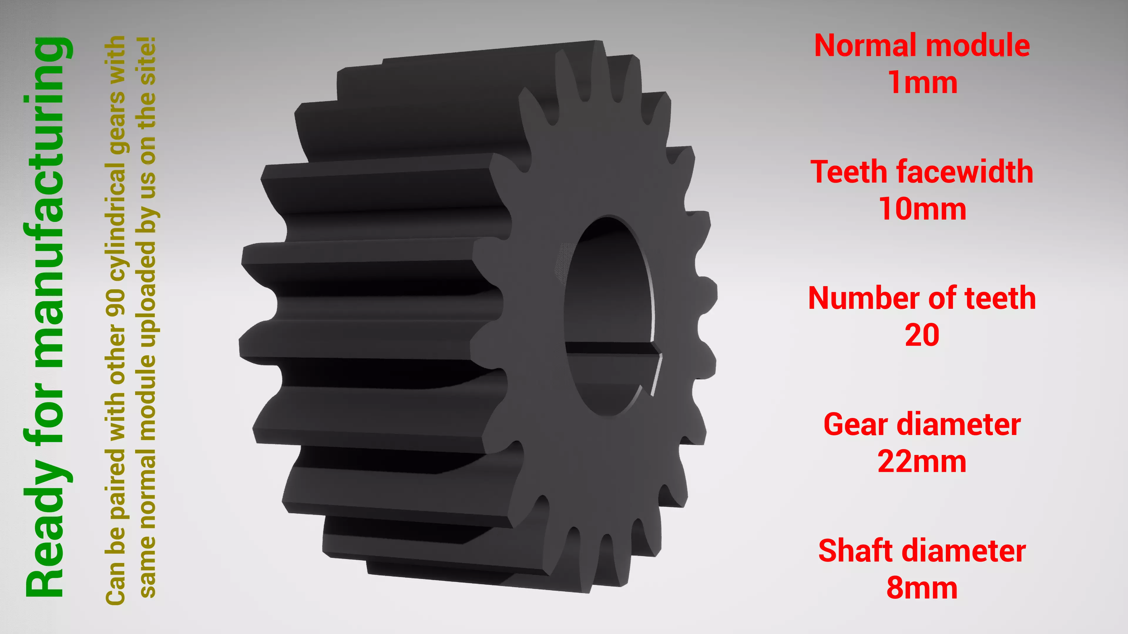 Cylindrical gear - paired - z20 m1 D22 d8 3D print model_0