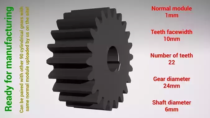 Cylindrical gear - paired - z22 m1 D24 d6 3D print model