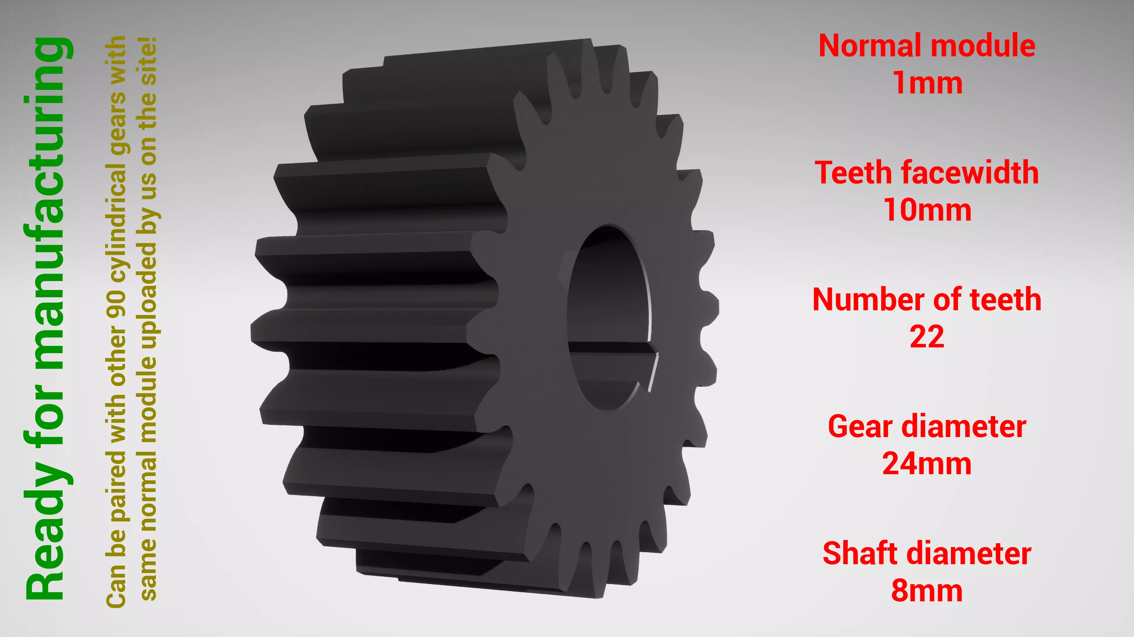 Cylindrical gear - paired - z22 m1 D24 d8 3D print model_0