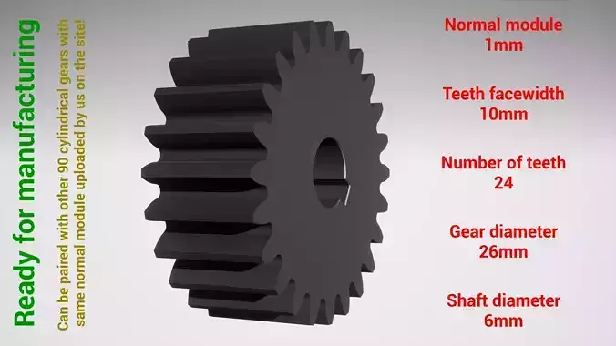 Cylindrical gear - paired - z24 m1 D26 d6 3D print model