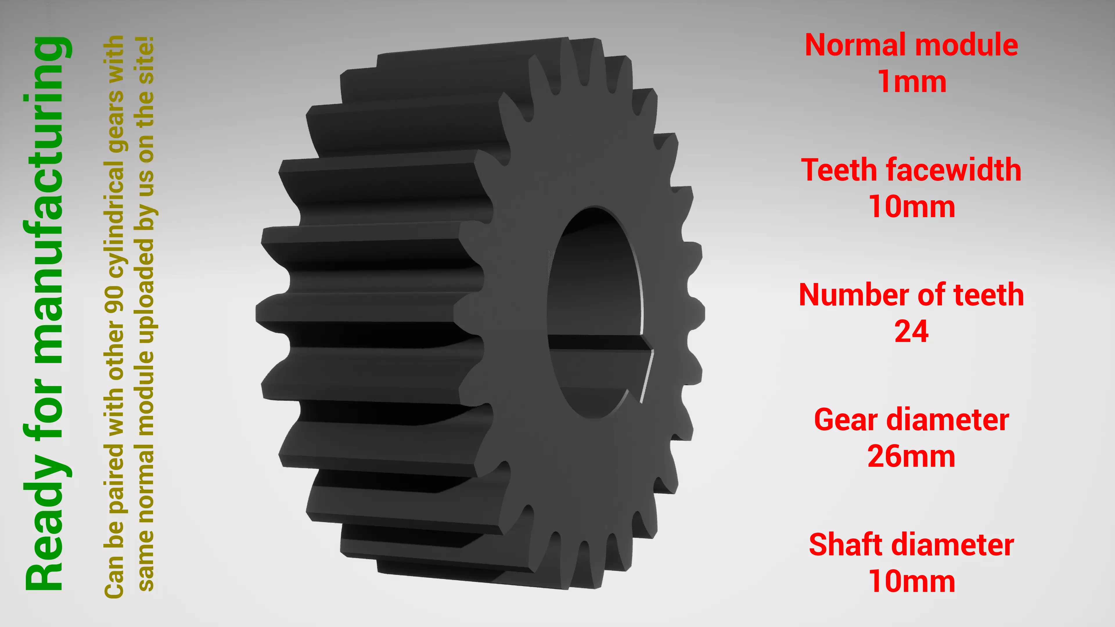 Cylindrical gear - paired - z24 m1 D26 d10 3D print model_0