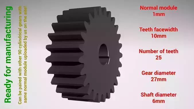 Cylindrical gear - paired - z25 m1 D27 d6 3D print model