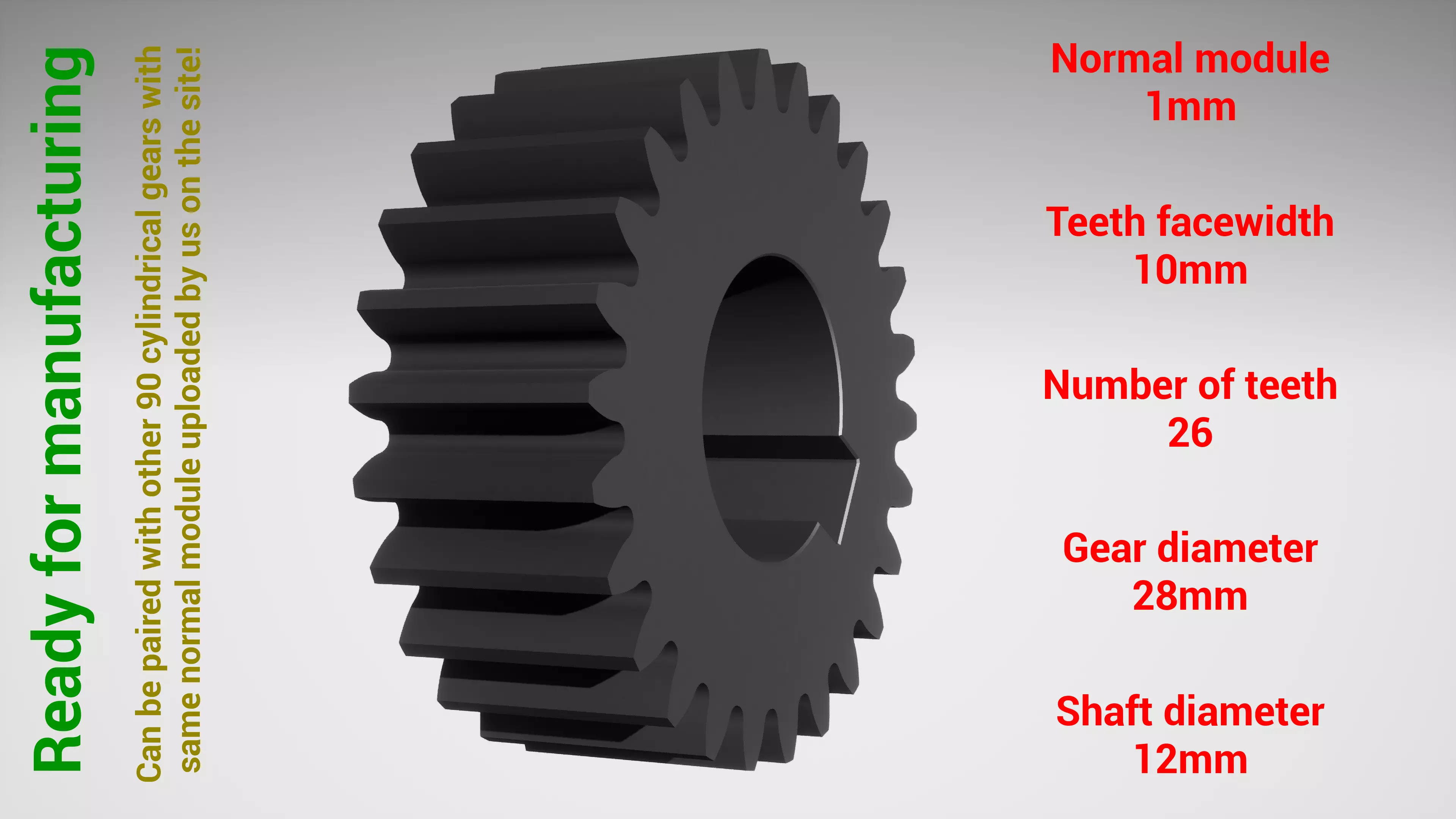 Cylindrical gear - paired - z26 m1 D28 d12 3D print model_0