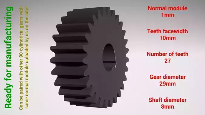 Cylindrical gear - paired - z27 m1 D29 d8