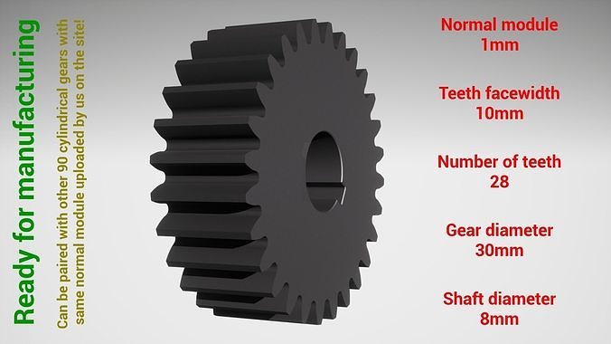 Cylindrical gear - paired - z28 m1 D30 d8 3D print model