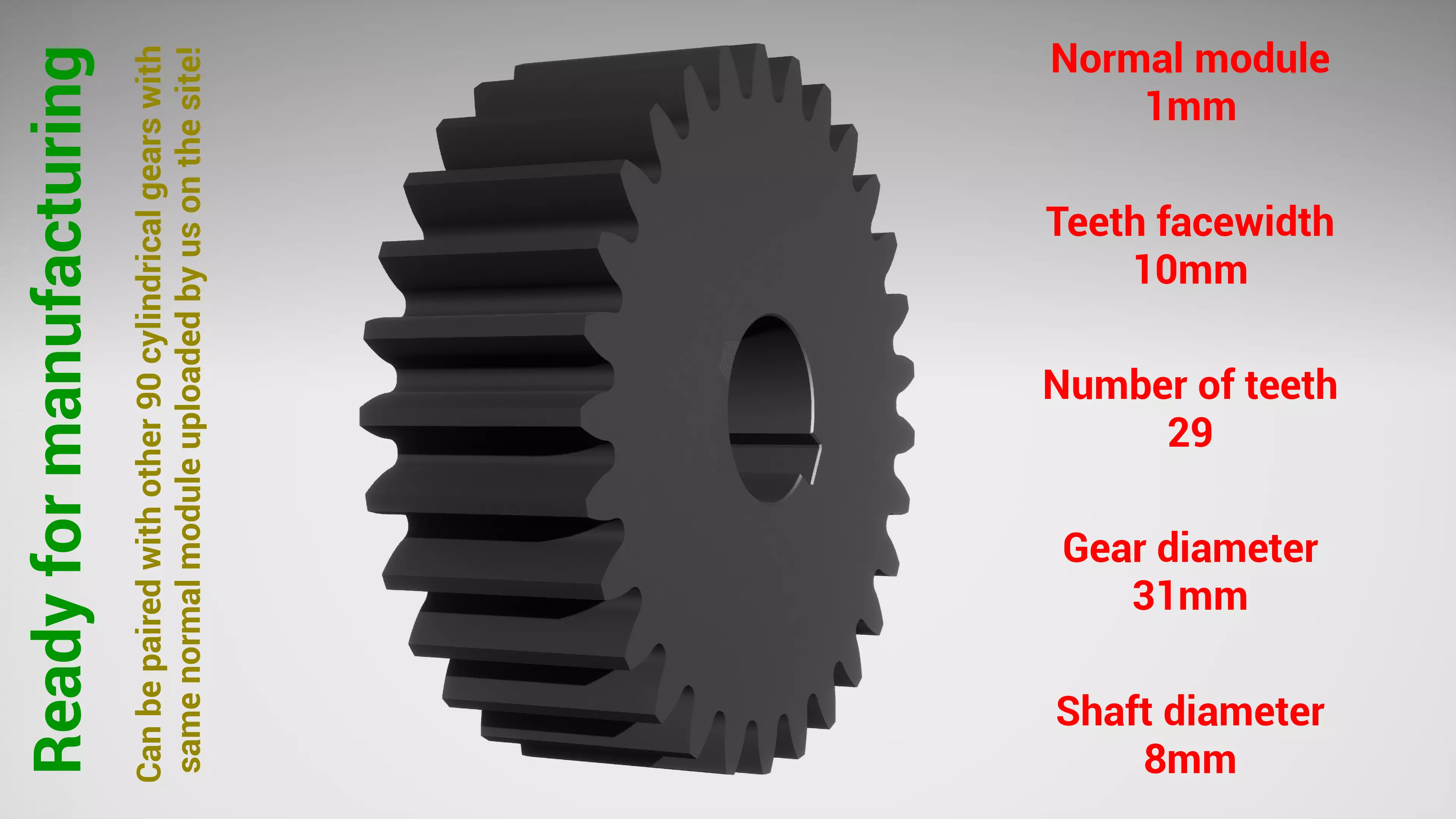 Cylindrical gear - paired - z29 m1 D31 d8 3D print model_0