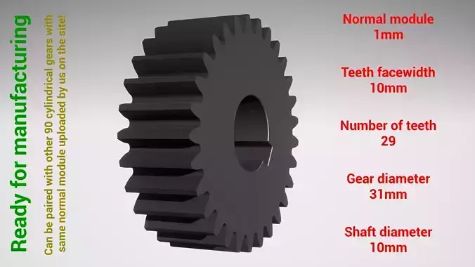 Cylindrical gear - paired - z29 m1 D31 d10 3D print model