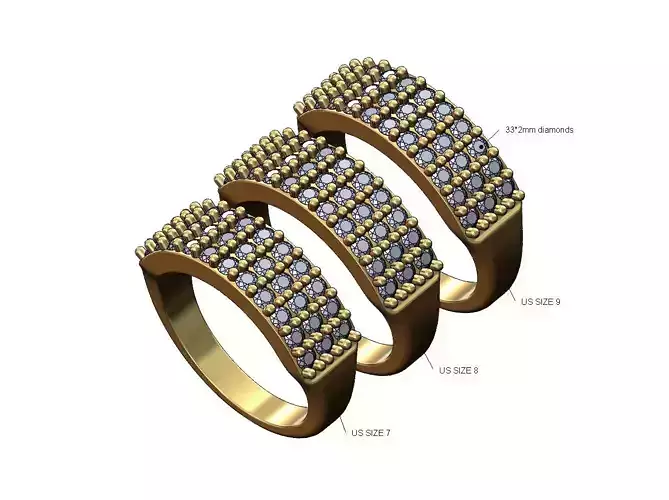 Iced 3 row diamond ring US sizes 7 8 9